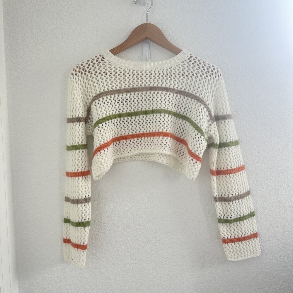 Musera Cropped Pullover Sweater Womens S‎ White Crochet Striped Festival Beachy